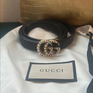 Gucci Black Belt with Pearl-Embellished Logo